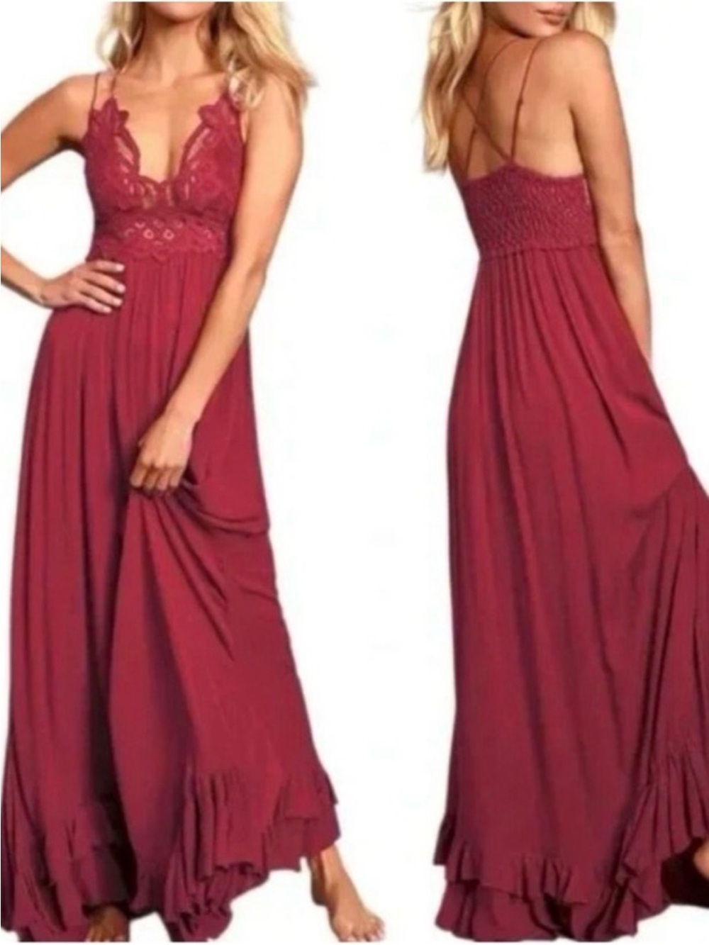 Lace-Detail Burgundy Maxi Dress with Spaghetti Straps